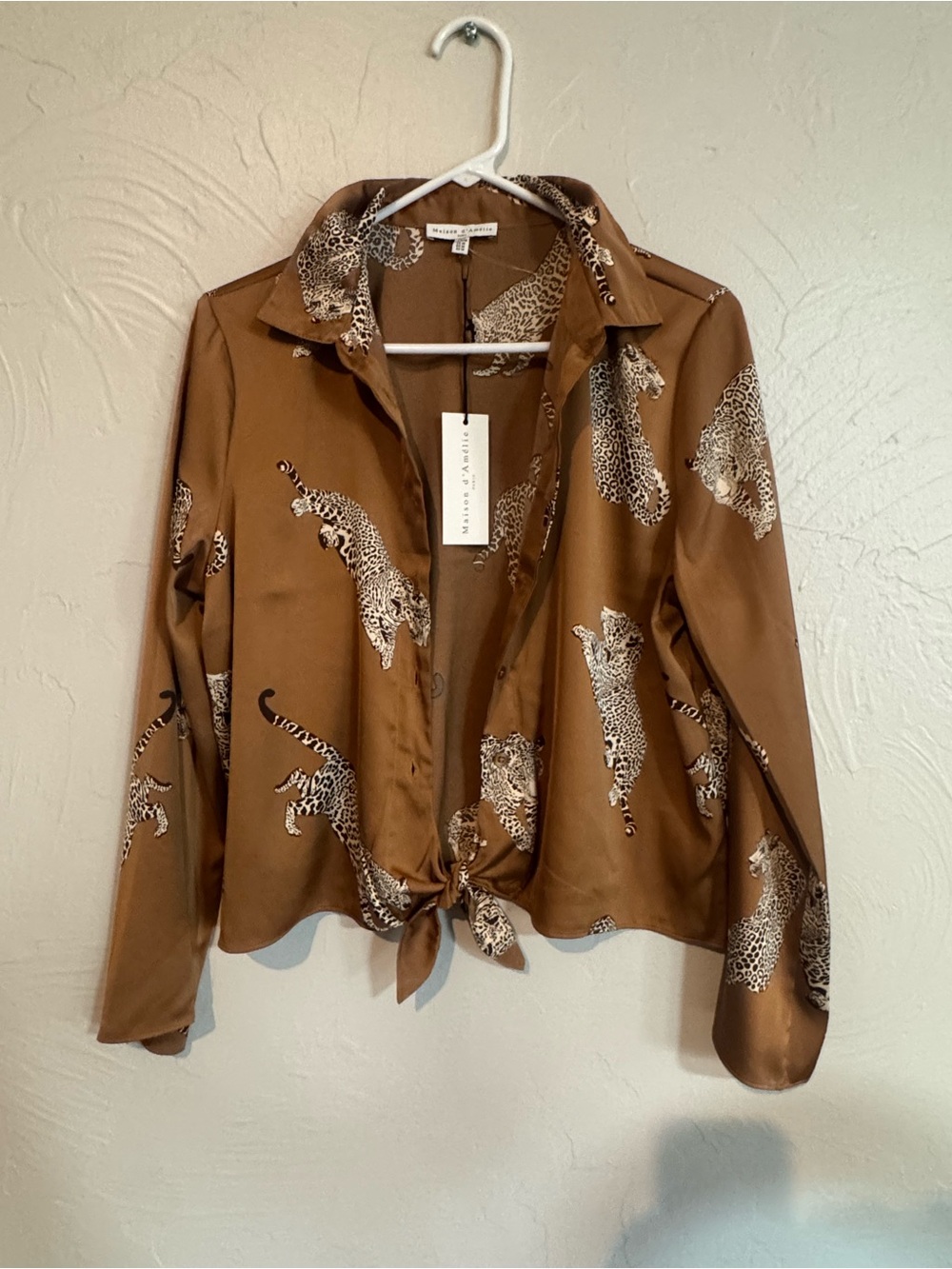 Leopard Button Down Tie-Front Blouse in Brown